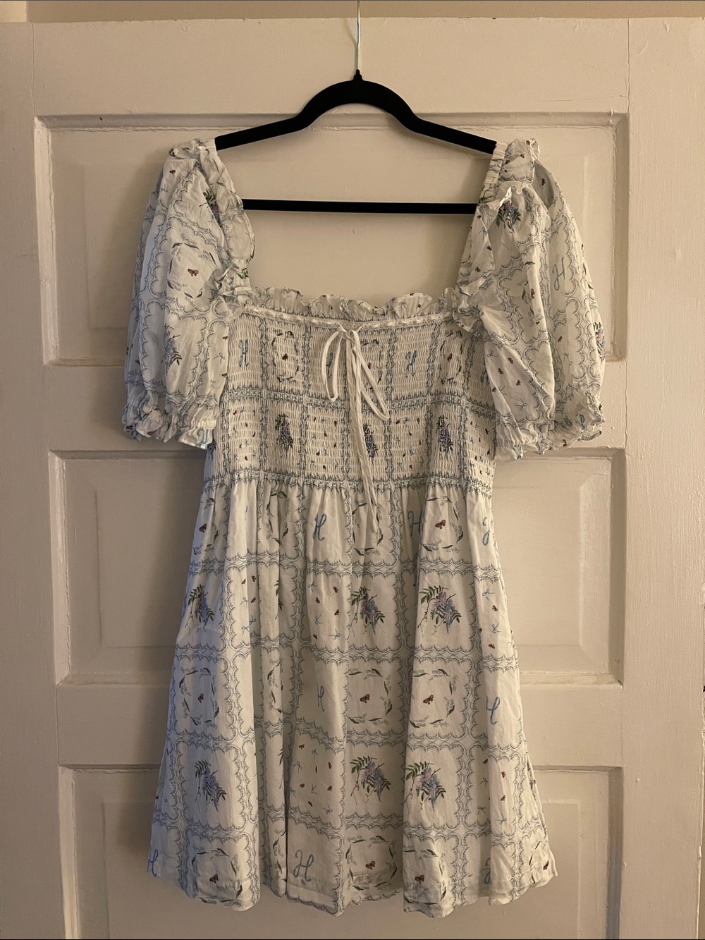 Hill House White Mini Dress with Blue Floral Print